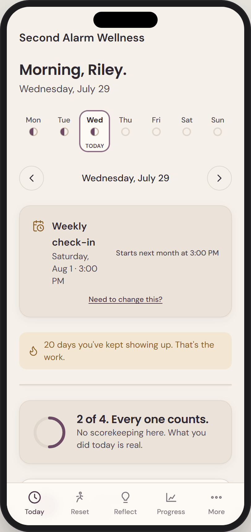 The same daily screen branded for a practice called Second Alarm Wellness, in a deep plum palette, with the movement tab renamed Reset.
