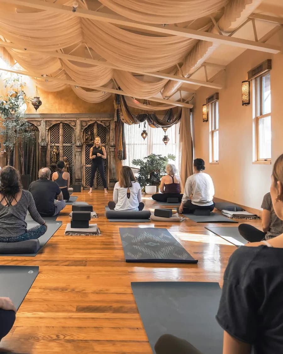 A group yoga class gathered in a sunlit studio